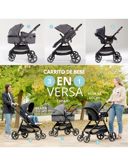 Carro de Paseo 3 En 1 Capazo+Silla+Grupo 0 Modelo Versa Negro