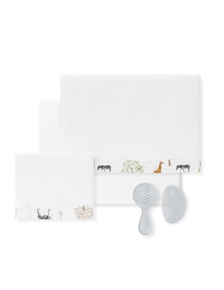 Triptico Cuna 100% Algodon Mod. Serengueti+Kit Peine y Cepillo Blanco