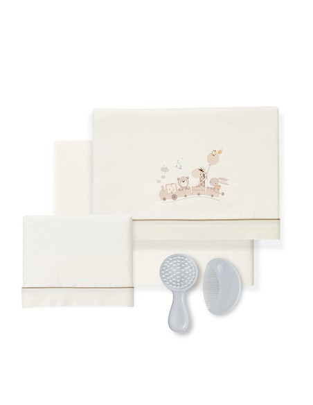 Triptico Cuna 100% Algodon Mod. Jirafa Tren+Kit Peine y Cepillo Beig