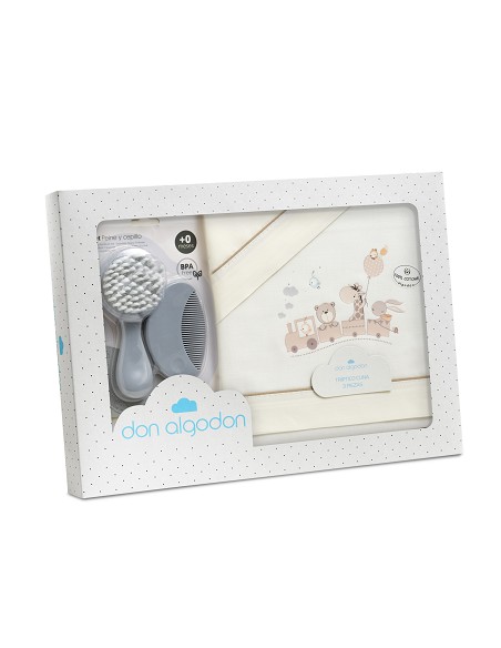 Triptico Cuna 100% Algodon Mod. Jirafa Tren+Kit Peine y Cepillo Beig