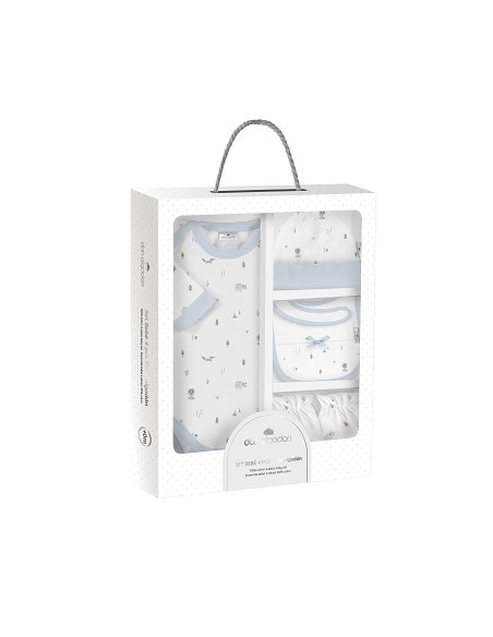 Set Regalo Body 4 Pcs 100% Alg Talla 0-6 Mod Animales Fox Azul