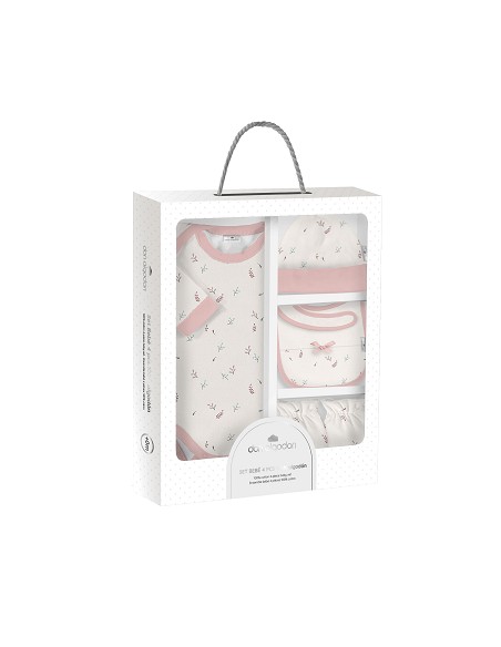 Set Regalo Body 4 Pcs 100% Alg Talla 0-6 Mod Flores Botanico Beig/Rosa
