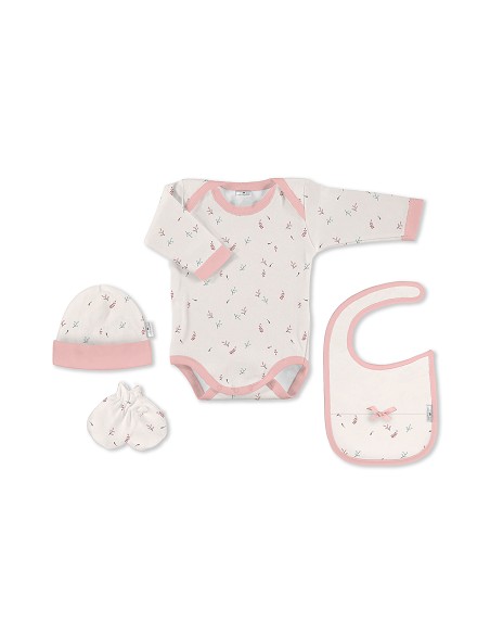 Set Regalo Body 4 Pcs 100% Alg Talla 0-6 Mod Flores Botanico Beig/Rosa