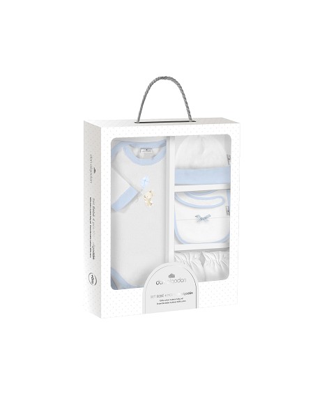 Set Regalo Body 4 Pcs 100% Alg Talla 0-6 Mod Conejito Cometa Azul