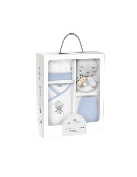 Set Regalo Sonajero 4 Pcs 100% Alg Talla 0-6 Mod Pulpo Azul