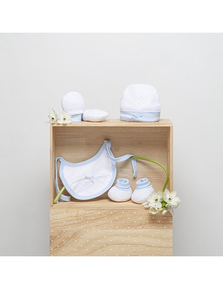 Set Regalo 4 Pcs 100% Alg  T 0-6 M(Gorro-Peucos-Manoplas-Babero) Azul
