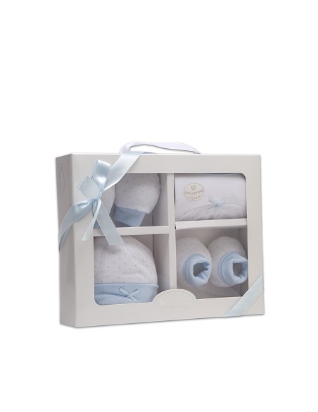 Set Regalo 4 Pcs 100% Alg  T 0-6 M(Gorro-Peucos-Manoplas-Babero) Azul