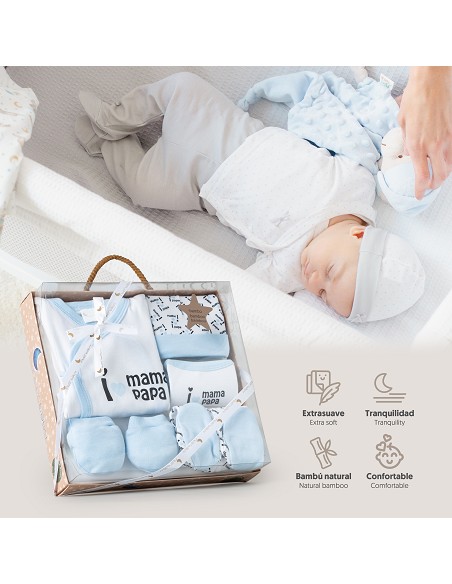 Set Regalo 5 Pcs 100% Alg  T 0-6 m Mod I Love Mama-Papa Azul