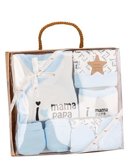 Set Regalo 5 Pcs 100% Alg  T 0-6 m Mod I Love Mama-Papa Azul
