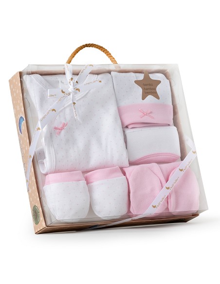 Set Regalo 5 Pcs 100% Alg  T 0-6 m Mod Topos Bamboo Rosa
