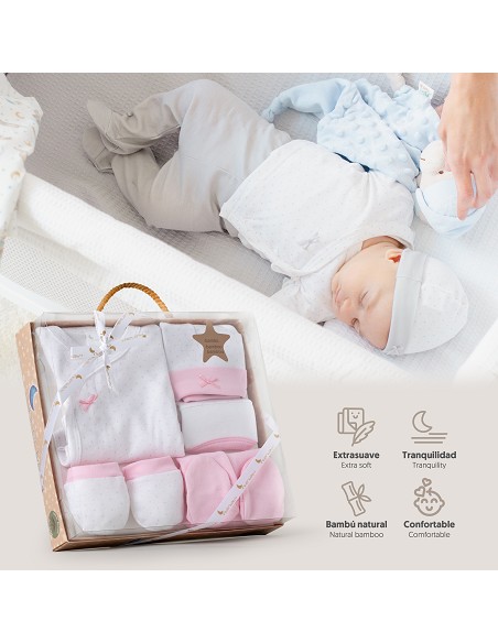 Set Regalo 5 Pcs 100% Alg  T 0-6 m Mod Topos Bamboo Rosa