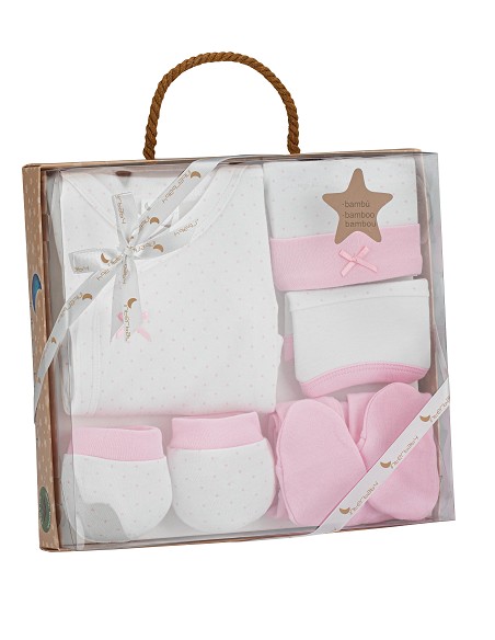 Set Regalo 5 Pcs 100% Alg  T 0-6 m Mod Topos Bamboo Rosa