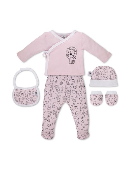 Set Regalo 5 Pcs 100% Alg  T 0-6 m Mod Animalitos Rosa