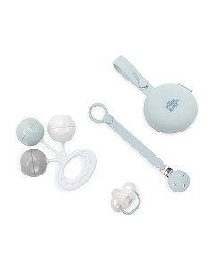 Set 4 Pcs Silicona Chupetero+Porta+Chupete+Sonajero Azul
