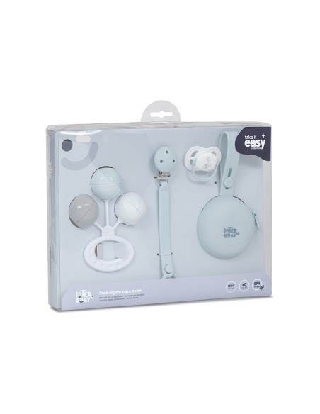 Set 4 Pcs Silicona Chupetero+Porta+Chupete+Sonajero Azul