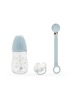 Set 3 Pcs Silicona Chupetero+Chupete+Biberon Azul