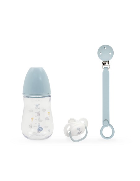 Set 3 Pcs Silicona Chupetero+Chupete+Biberon Azul