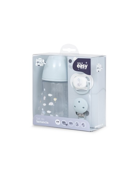 Set 3 Pcs Silicona Chupetero+Chupete+Biberon Azul