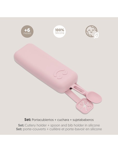 Set Portacubiertos+Cuchara+Sujeta Baberos  de Silicona Rosa Maquillaje