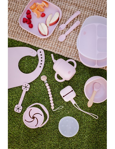 Set Portacubiertos+Cuchara+Sujeta Baberos  de Silicona Rosa Maquillaje