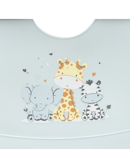 Babero Silicona Estampado Modelo Tres Amigos Azul Grisaceo