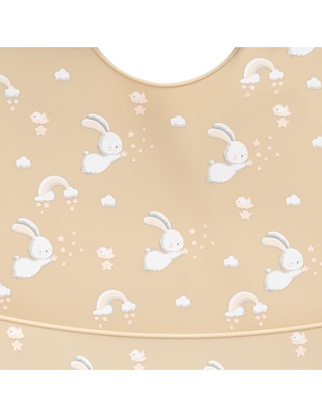 Babero Silicona Estampaddo Modelo Conejitos Beig