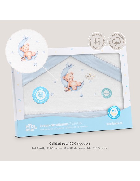 Triptico Coche Franela Estampado Oso Luna Estrellas Bco/Azul