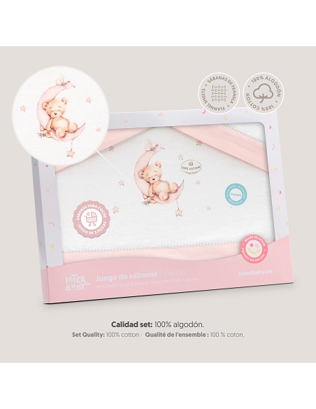 Triptico Coche Franela Estampado Oso Luna Estrellas Bco/Rosa