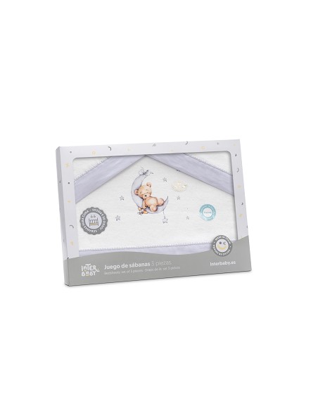 Triptico Coche Franela Estampado Oso Luna Estrellas Bco/Gris