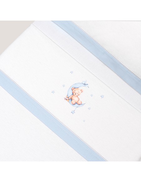 Triptico Cuna Franela Estampado Oso Luna Estrellas Bco/Azul
