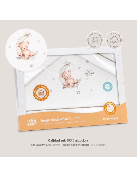 Triptico Cuna Franela Estampado Oso Luna Estrellas Bco/Verde