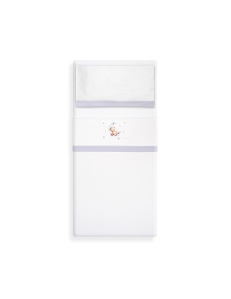 Triptico Cuna Franela Estampado Oso Luna Estrellas Bco/Gris