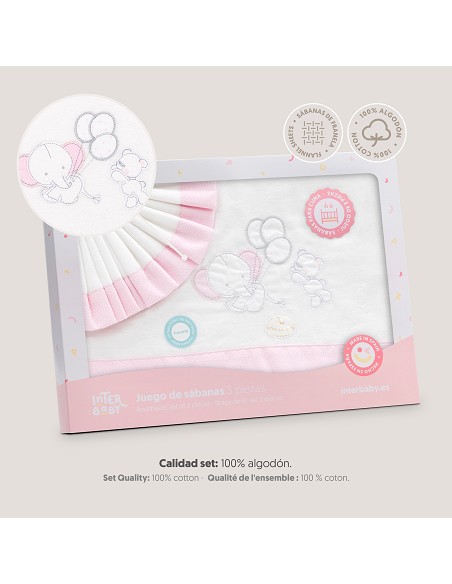 Triptico Cuna Franela Oso Elefante Globos Bco/Rosa