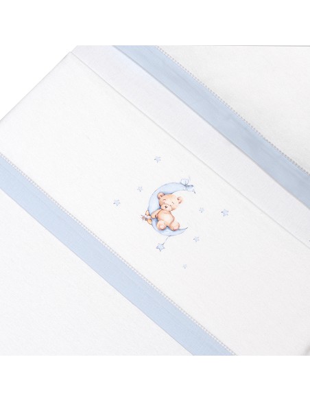 Triptico Minicuna Franela Estampado Oso Luna Estrellas Bco/Azul