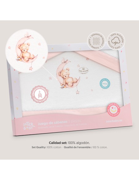Triptico Minicuna Franela Estampado Oso Luna Estrellas Bco/Rosa