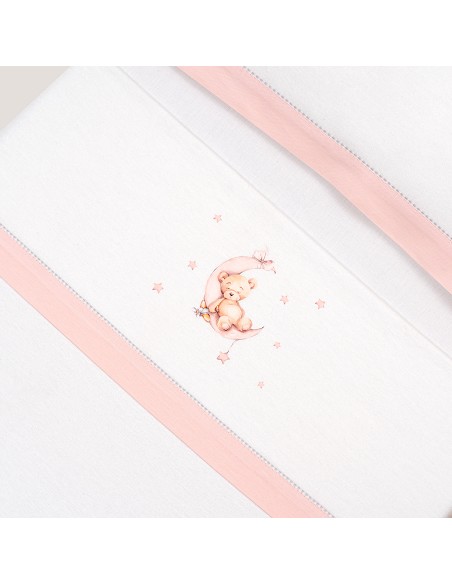 Triptico Minicuna Franela Estampado Oso Luna Estrellas Bco/Rosa