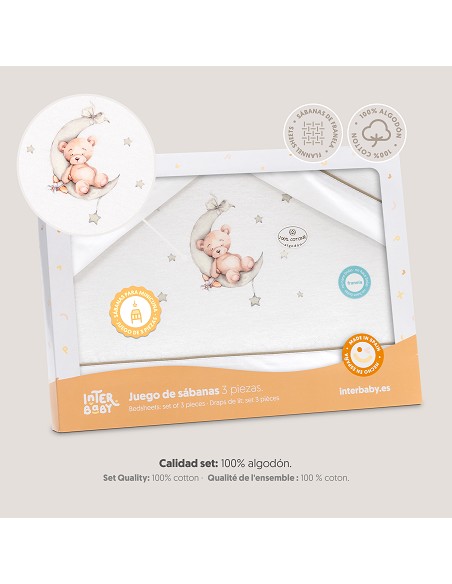 Triptico Minicuna Franela Estampado Oso Luna Estrellas Bco/Verde