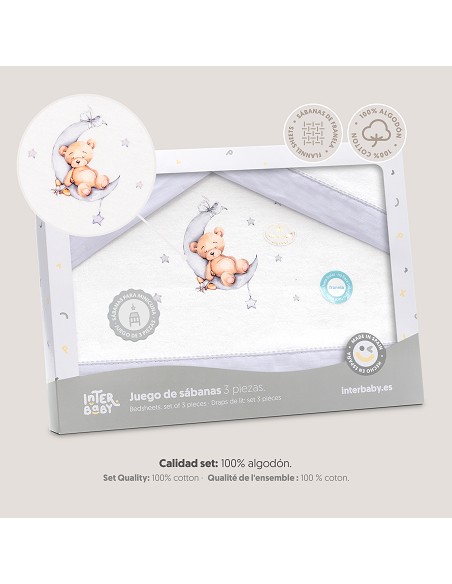 Triptico Minicuna Franela Estampado Oso Luna Estrellas Bco/Gris