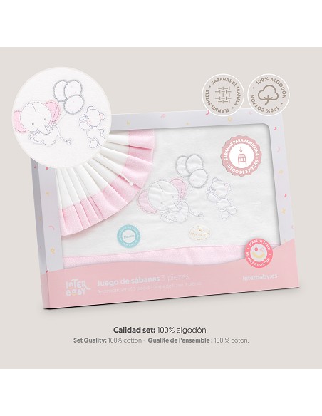 Triptico Minicuna Franela Oso Elefante Globos Bco/Rosa
