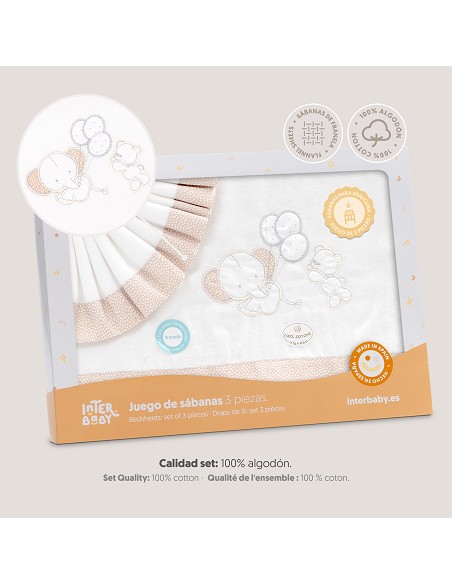 Triptico Minicuna Franela Oso Elefante Globos Bco/Beig