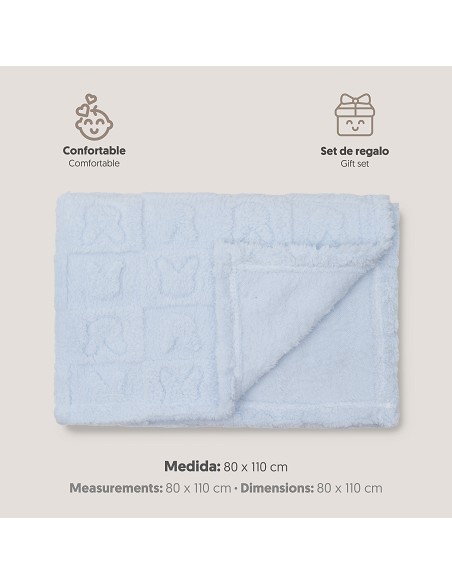 Manta Sherpa Grabada Conejitos Azul