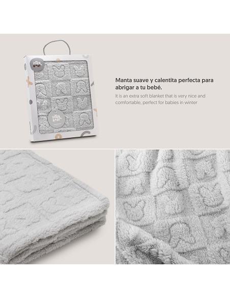 Manta Sherpa Grabada Conejitos Gris