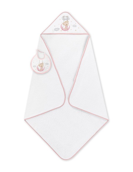 Capa de Baño 1X1 con Babero Modelo Osito Luna Bco/Rosa