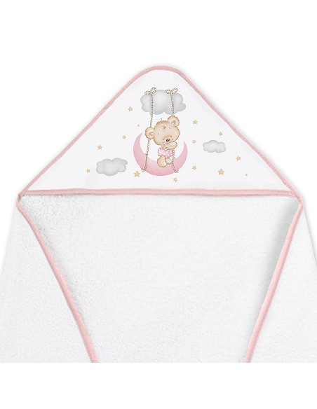 Capa de Baño 1X1 con Babero Modelo Osito Luna Bco/Rosa