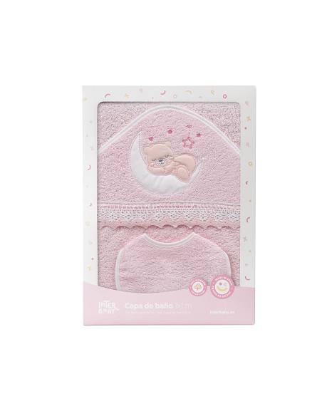 Capa Baño 1X1 Mod Osito Luna Guipur+Babero Rosa