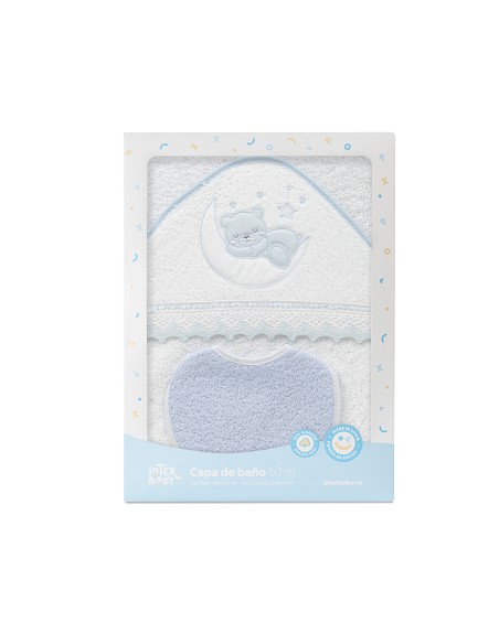 Capa Baño 1X1 Mod Osito Luna Guipur+Babero Bco/Azul