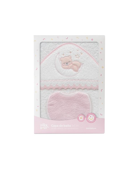 Capa Baño 1X1 Mod Osito Luna Guipur+Babero Bco/Rosa