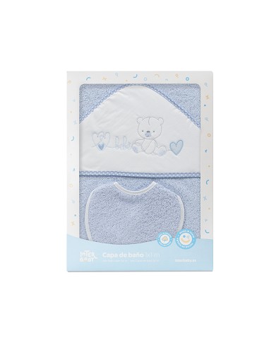 Capa Baño 1X1 Mod Corazones Bebe Osito+Babero Azul