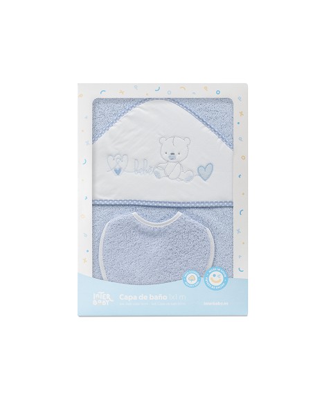 Capa Baño 1X1 Mod Corazones Bebe Osito+Babero Azul