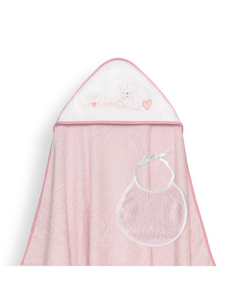 Capa Baño 1X1 Mod Corazones Bebe Osito+Babero Rosa